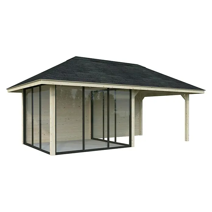 Palmako Caseta de jardín Bianca Set 206 Slide - Medidas ext. (An x Pr): 672 x 384 cm, Madera, Natural - Gazebo de jardín moderno con acentos negros y madera clara. Ideal para el jardín o la terraza, ofreciendo protección y un marco elegante.