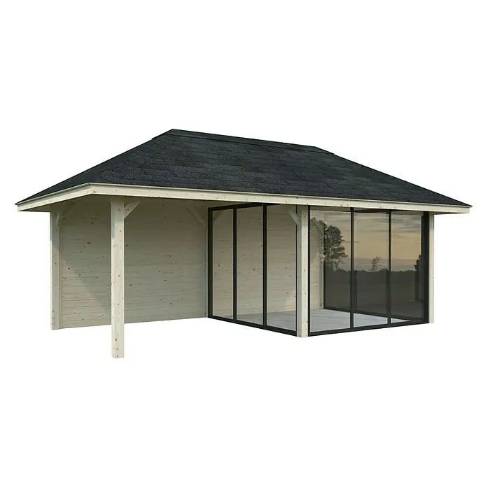 Palmako Caseta de jardín Bianca Set 206 Slide - Medidas ext. (An x Pr): 672 x 384 cm, Madera, Natural - Vista de una pérgola elegante con techo oscuro, detalles de madera clara y área de vidrio integrada para disfrutar del aire libre.