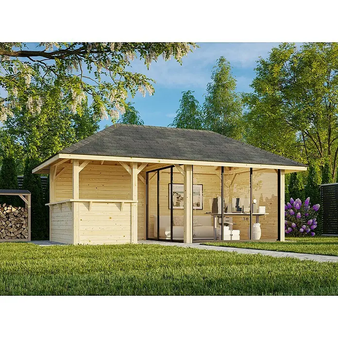 Palmako Caseta de jardín Bianca Set 507 Slide Plus - Medidas ext. (An x Pr): 672 x 384 cm, Madera, Natural - Una moderna oficina de jardín con revestimiento de madera y grandes ventanales, enclavada en un paisaje de jardín verde, ofrece un espacio de trabajo luminoso.