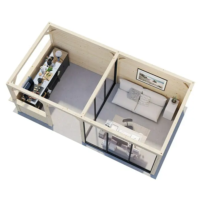 Palmako Caseta de jardín Bianca Set 507 Slide Plus - Medidas ext. (An x Pr): 672 x 384 cm, Madera, Natural - Vista aérea de una casa de jardín de madera con cocina, sala de estar y espacio de trabajo, combinando diseño moderno y funcionalidad.