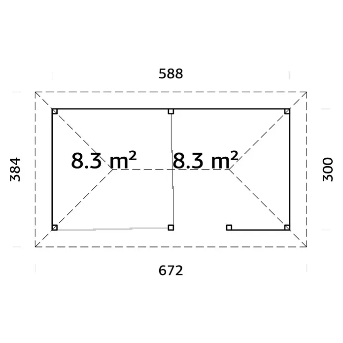 Palmako Caseta de jardín Bianca Set 507 Slide Plus - Medidas ext. (An x Pr): 672 x 384 cm, Madera, Natural - Plano de planta de un edificio rectangular de dimensiones 588 x 672, con dos habitaciones de 8,3 m² cada una.