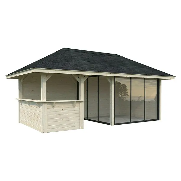 Palmako Caseta de jardín Bianca Set 507 Slide Plus - Medidas ext. (An x Pr): 672 x 384 cm, Madera, Natural - Casa de jardín de madera con techo negro, ideal para fiestas en el jardín o un refugio al aire libre.