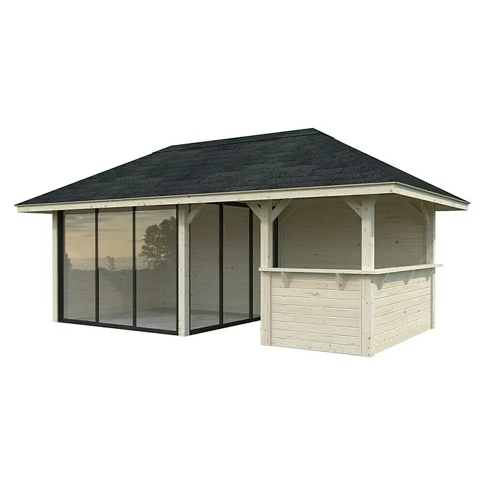 Palmako Caseta de jardín Bianca Set 507 Slide Plus - Medidas ext. (An x Pr): 672 x 384 cm, Madera, Natural - Una imagen detallada de una moderna caseta de jardín de madera con frentes de vidrio y un techo negro, ideal para la relajación al aire libre.