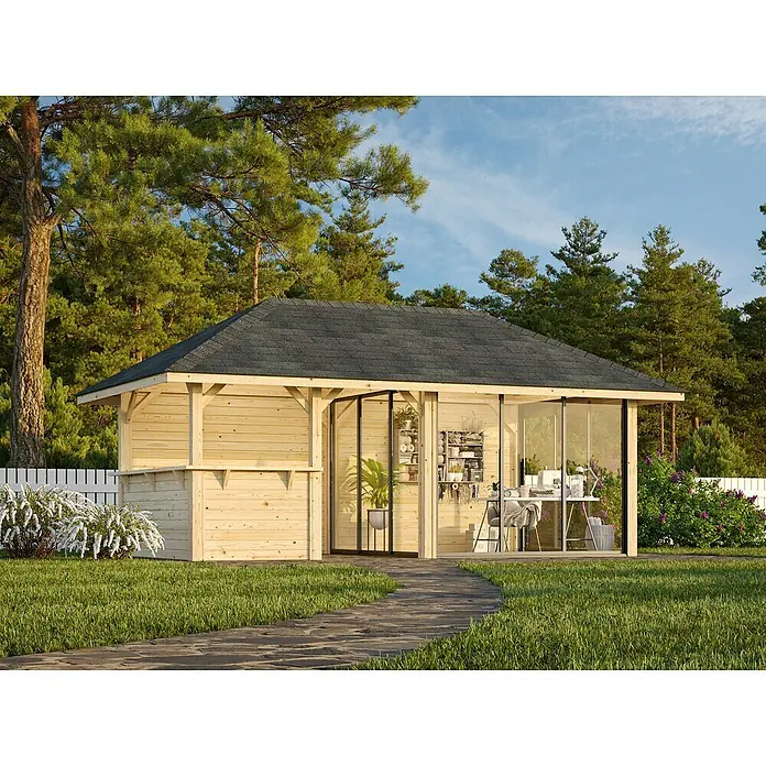 Palmako Caseta de jardín Bianca Set 208 Slide - Medidas ext. (An x Pr): 672 x 384 cm, Madera, Natural - Esta imagen muestra una caseta de jardín con techo oscuro, que sirve como espacio de trabajo con grandes ventanas y elementos de madera.