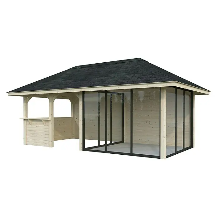 Palmako Caseta de jardín Bianca Set 208 Slide - Medidas ext. (An x Pr): 672 x 384 cm, Madera, Natural - Una caseta de jardín de madera con tejas negras y fachadas de ventanas, que ofrece un espacio exterior moderno y protegido.