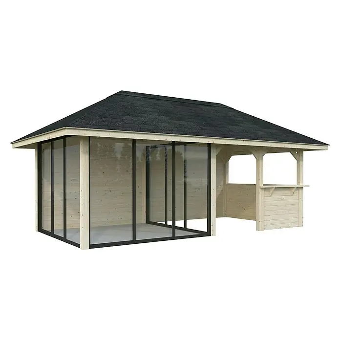 Palmako Caseta de jardín Bianca Set 208 Slide - Medidas ext. (An x Pr): 672 x 384 cm, Madera, Natural - Caseta de jardín de madera con puertas correderas y barra integrada, ideal para relajarse al aire libre y fiestas elegantes en el jardín.