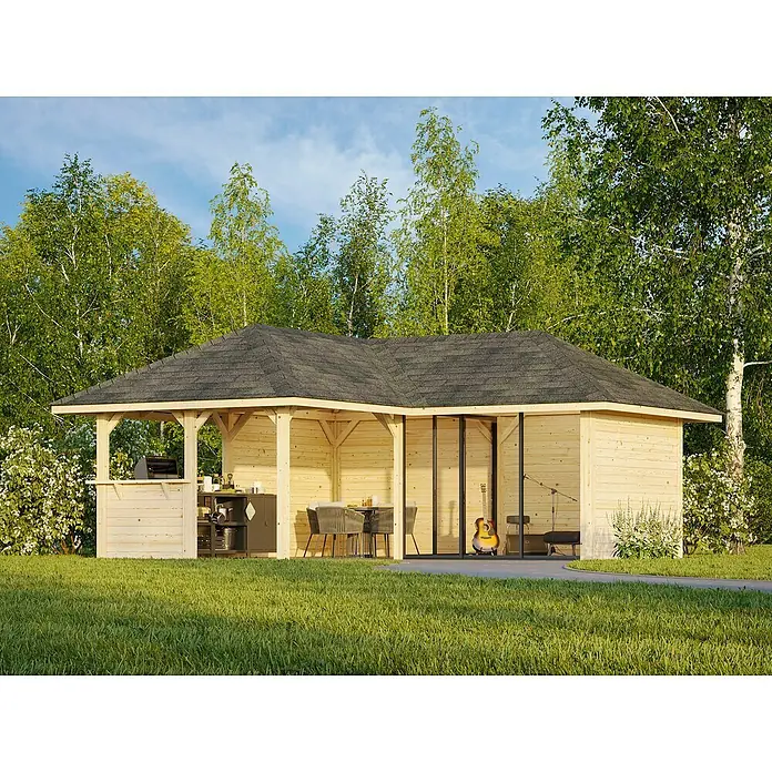 Palmako Caseta de jardín Bianca Set 209 Slide - Medidas ext. (An x Pr): 672 x 672 cm, Madera, Natural - Pabellón de jardín de madera con parrilla y guitarra en el interior. Ideal para relajarse y pasar noches agradables al aire libre.