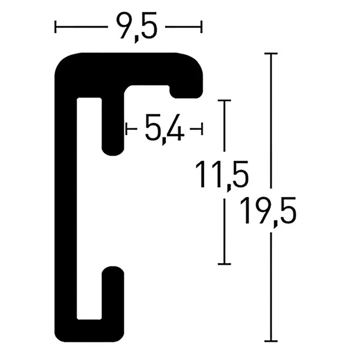 Nielsen Alurahmen Classic - DIN A3 / 29,7 x 42 cm, Silber - Profilansicht mit Maßen: Das Profil ist 19,5 mm hoch und 9,5 mm breit. Die Aussparung misst 5,4 mm, die untere Öffnung ist 11,5 mm.