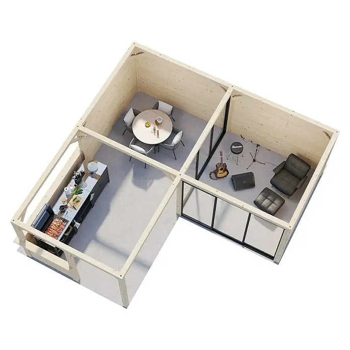 Palmako Caseta de jardín Lenna Set 409 Slide - Medidas ext. (An x Pr): 628 x 628 cm, Madera, Natural - Una vista interior de la casa de madera con cocina, comedor y sala de música, mostrando un ambiente moderno y acogedor.