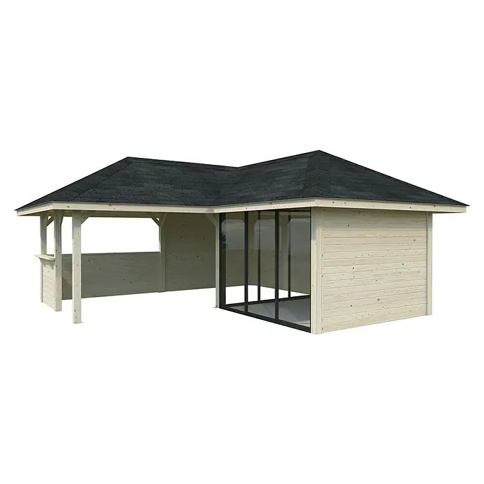 Palmako Caseta de jardín Bianca Set 209 Slide - Medidas ext. (An x Pr): 672 x 672 cm, Madera, Natural - Una pérgola de jardín de madera clara con techo oscuro, perfecta para cualquier jardín, que ofrece un refugio acogedor.