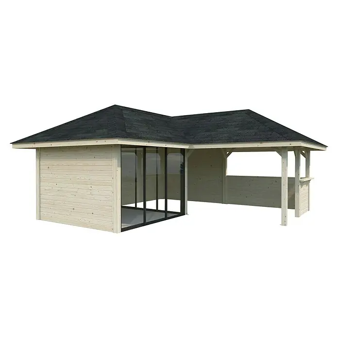 Palmako Caseta de jardín Bianca Set 209 Slide - Medidas ext. (An x Pr): 672 x 672 cm, Madera, Natural - Imagen de un pabellón de madera con puertas correderas de cristal y un techo oscuro, ideal para un jardín.