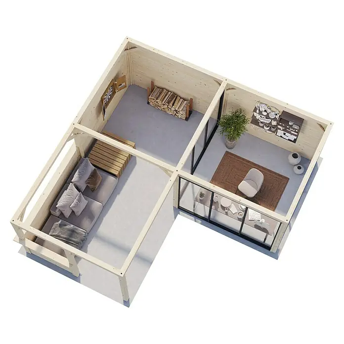Palmako Caseta de jardín Lenna Set 710 Slide Plus - Medidas ext. (An x Pr): 628 x 628 cm, Madera, Natural - Vista superior de una casa de madera moderna con sala de estar, oficina y sala de juegos, que ofrece un ambiente luminoso y acogedor.