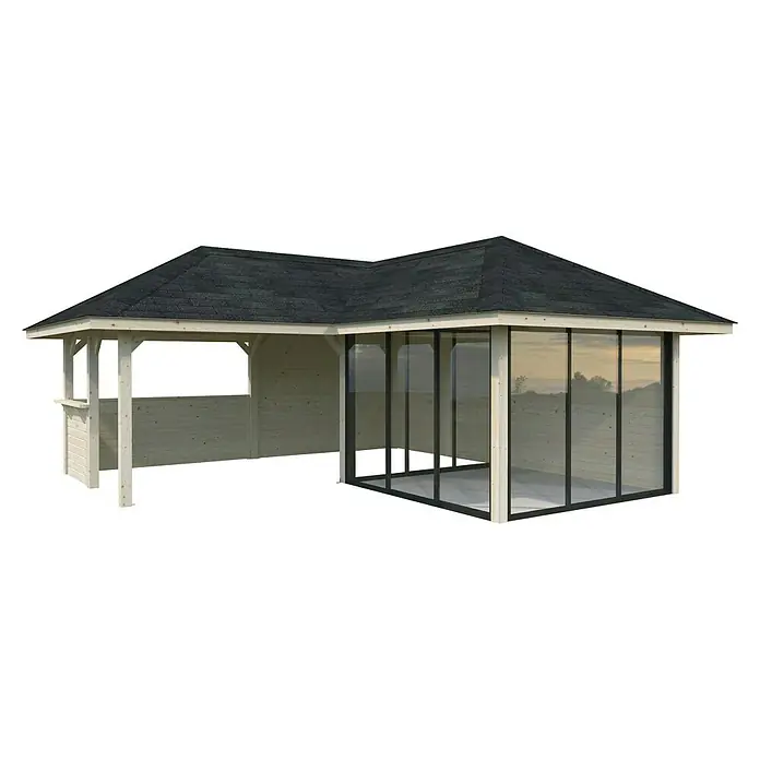 Palmako Caseta de jardín Bianca Set 210 Slide - Medidas ext. (An x Pr): 672 x 672 cm, Madera, Natural - El pabellón de madera con techo oscuro y paredes de vidrio ofrece un elegante refugio al aire libre y protección contra el viento y el clima.