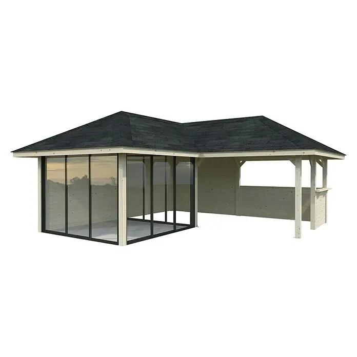 Palmako Caseta de jardín Bianca Set 210 Slide - Medidas ext. (An x Pr): 672 x 672 cm, Madera, Natural - Imagen de una elegante glorieta con frentes de vidrio y una zona abierta, perfecta para relajarse al aire libre.