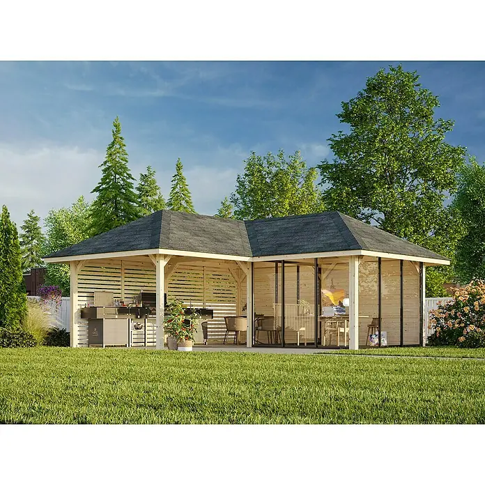 Palmako Caseta de jardín Bianca Set 511 Slide Plus - Medidas ext. (An x Pr): 672 x 672 cm, Madera, Natural - Imagen de un elegante cenador con zona de barbacoa y comedor al aire libre, perfecto para fiestas en el jardín y relajarse al aire libre.