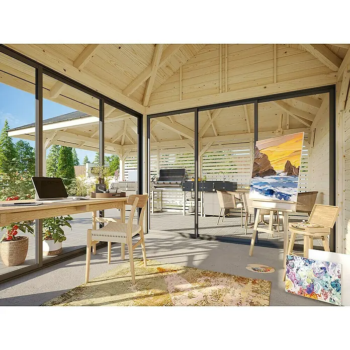 Palmako Caseta de jardín Bianca Set 511 Slide Plus - Medidas ext. (An x Pr): 672 x 672 cm, Madera, Natural - Porche luminoso con paneles de madera con un espacio de trabajo acogedor, escritorio, computadora portátil, silla y zona de arte con caballete y pintura.