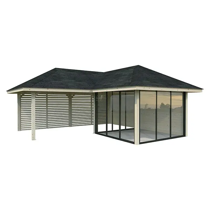 Palmako Caseta de jardín Bianca Set 511 Slide Plus - Medidas ext. (An x Pr): 672 x 672 cm, Madera, Natural - Bonita glorieta de jardín con techo oscuro y marco de madera clara. La glorieta cuenta con ventanas y listones de madera decorativos.