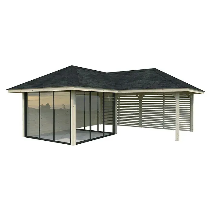 Palmako Caseta de jardín Bianca Set 511 Slide Plus - Medidas ext. (An x Pr): 672 x 672 cm, Madera, Natural - Vista de una glorieta con techo de tejas oscuras, marcos de madera y paredes de vidrio para un aspecto moderno y luminoso.