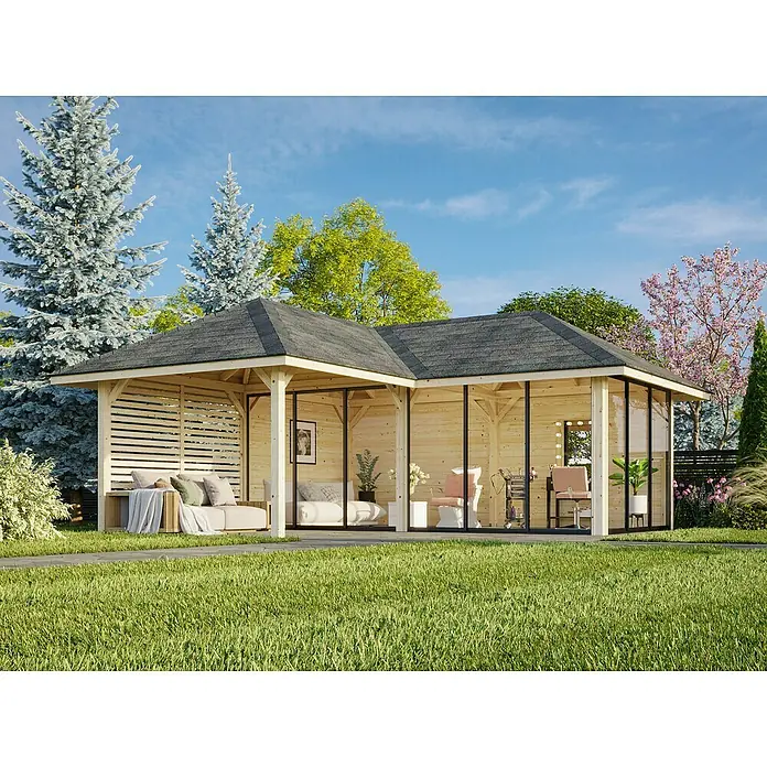 Palmako Caseta de jardín Bianca Set 514 Slide Plus - Medidas ext. (An x Pr): 672 x 672 cm, Madera, Natural - Moderna caseta de jardín con puertas correderas y decoración elegante. El pabellón ofrece un refugio exterior acogedor.