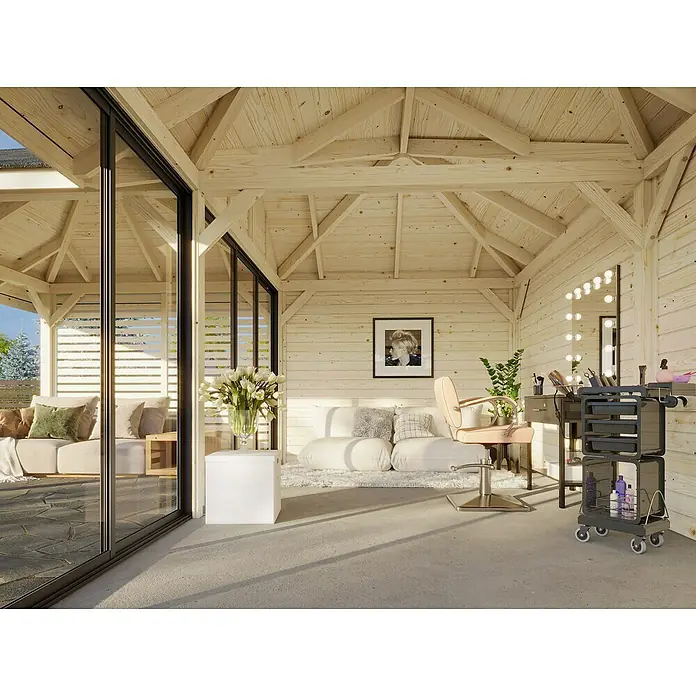Palmako Caseta de jardín Bianca Set 514 Slide Plus - Medidas ext. (An x Pr): 672 x 672 cm, Madera, Natural - Acogedora estructura de madera con zona de salón, equipada con sillón de peluquería, carro y zona de estar cómoda. Ideal para relajarse.