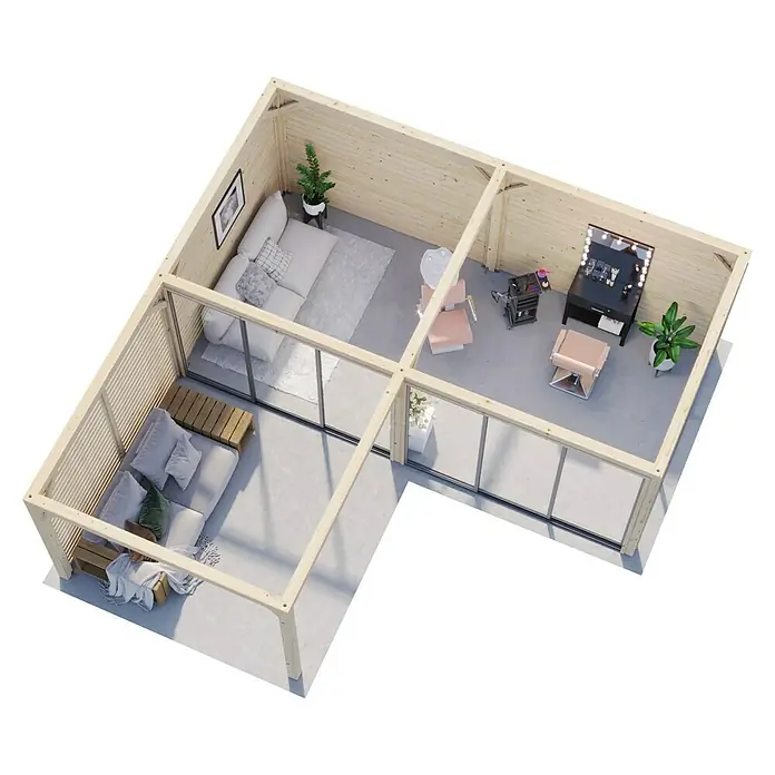 Palmako Caseta de jardín Bianca Set 514 Slide Plus - Medidas ext. (An x Pr): 672 x 672 cm, Madera, Natural - Vista interior de una moderna caseta de jardín de madera con tres áreas diferentes para vivir, relajarse y cuidado de belleza.