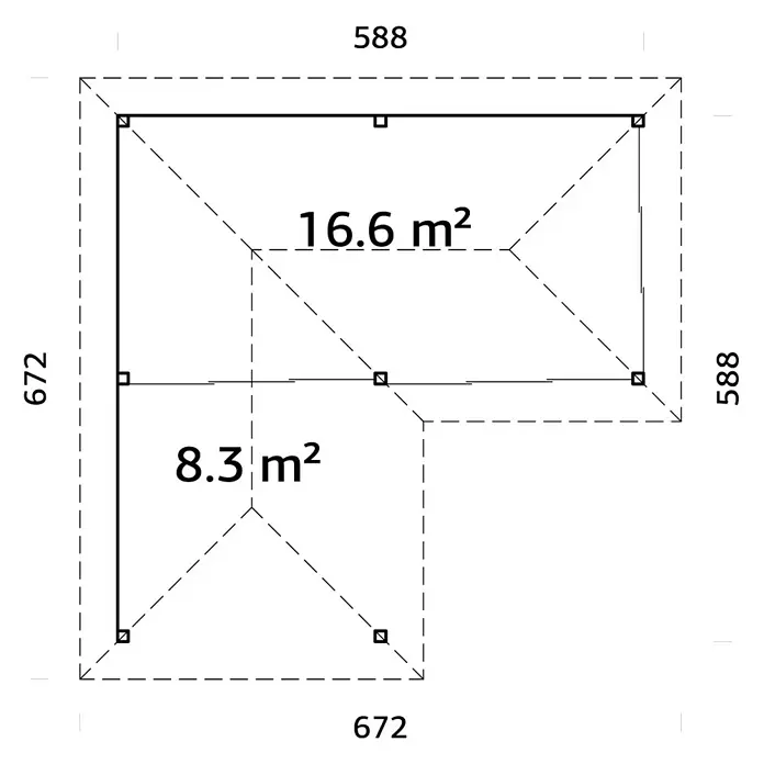 Palmako Caseta de jardín Bianca Set 514 Slide Plus - Medidas ext. (An x Pr): 672 x 672 cm, Madera, Natural - Plano de planta de un edificio en forma de L con dimensiones y áreas marcadas.