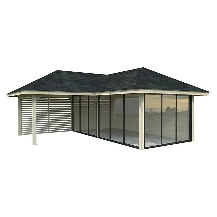 Palmako Caseta de jardín Bianca Set 514 Slide Plus - Medidas ext. (An x Pr): 672 x 672 cm, Madera, Natural - Una elegante pérgola con paredes de listones y grandes frentes de vidrio. La caseta de jardín ideal para horas de relax al aire libre.