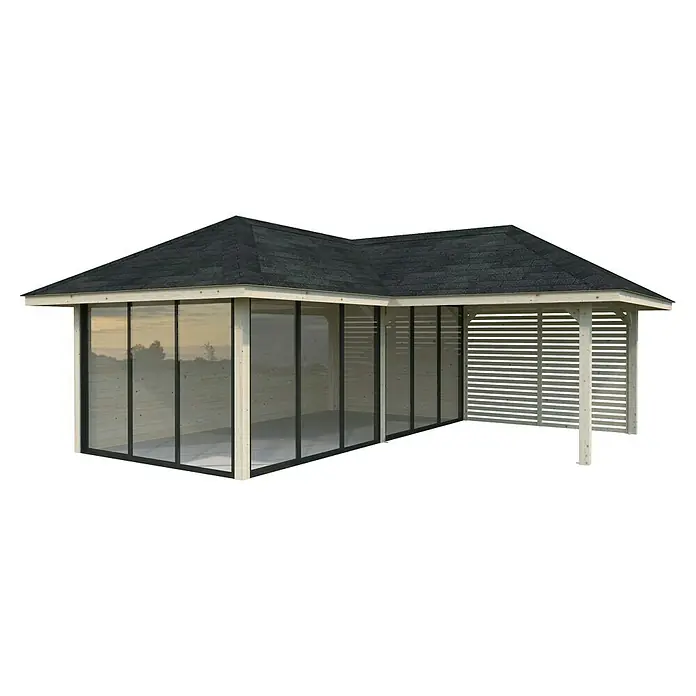 Palmako Caseta de jardín Bianca Set 514 Slide Plus - Medidas ext. (An x Pr): 672 x 672 cm, Madera, Natural - Una toma detallada de un moderno cenador con techo oscuro y paneles laterales transparentes, mostrando una elegante estructura exterior.