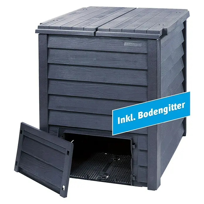 Garantia Komposter Thermo-Wood - 600 l, 80 x 80 x 100 cm, Mit Bodengitter - Bild eines Komposters aus Kunststoff mit einer Tür, die sich nach außen öffnet und einem blauen Schild mit dem Text "Inkl. Bodengitter".