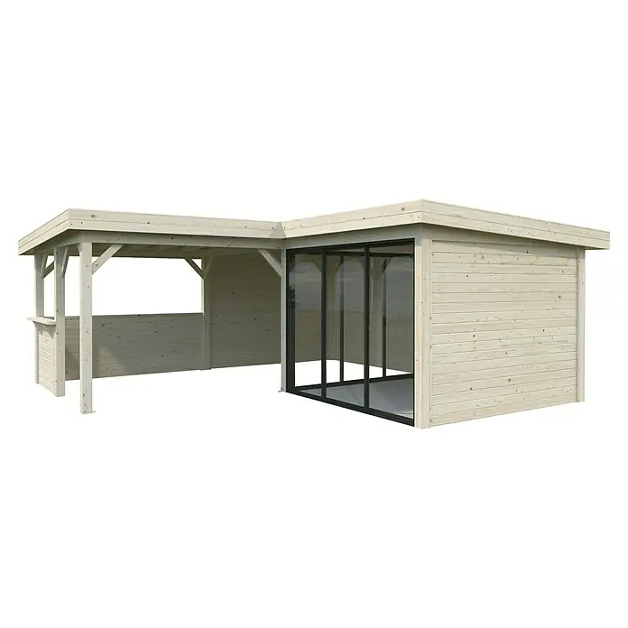 Palmako Caseta de jardín Lenna Set 409 Slide - Medidas ext. (An x Pr): 628 x 628 cm, Madera, Natural - Una caseta de jardín en forma de L con zona de patio cubierta y una extensión cerrada con fachada de vidrio, hecha de madera clara con detalles oscuros.