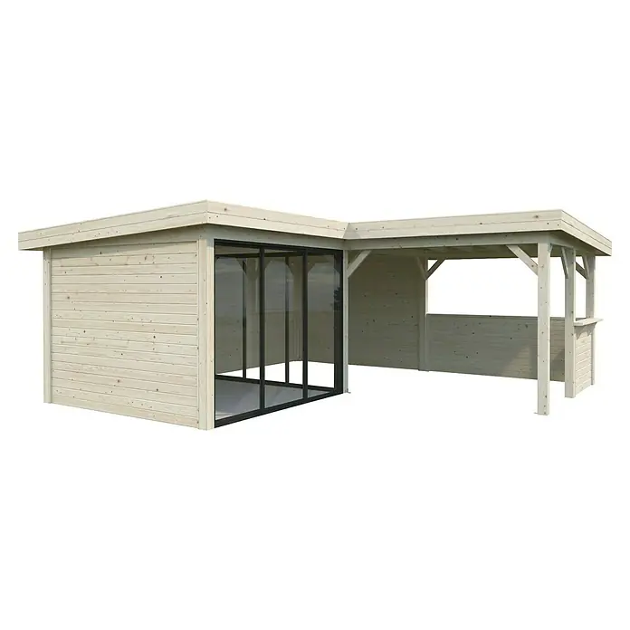 Palmako Caseta de jardín Lenna Set 409 Slide - Medidas ext. (An x Pr): 628 x 628 cm, Madera, Natural - Caseta de jardín de madera con frente de cristal y área de bar cubierta, que proporciona un espacio protegido y una zona abierta para la relajación al aire libre.