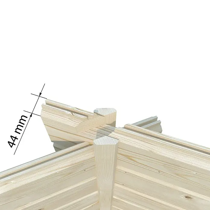 Palmako Caseta de jardín Hanna - Medidas ext. (An x Pr): 503 x 503 cm, Madera, Natural - Detalle de una casa de madera con la indicación "44 mm", que resalta el grosor de la madera.\n
