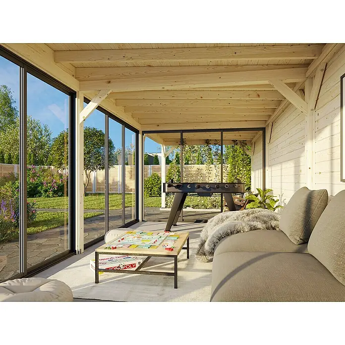 Palmako Caseta de jardín Lenna Set 718 Slide Plus - Medidas ext. (An x Pr): 916 x 340 cm, Madera, Natural - Luminosa terraza de madera con puertas correderas de cristal, un cómodo sofá y un futbolín, ideal para la relajación y los juegos al aire libre.