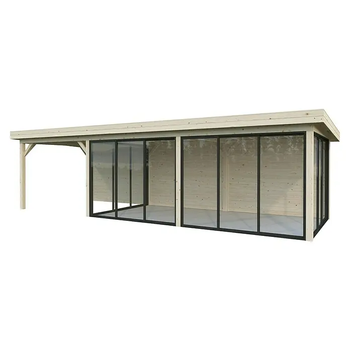 Palmako Caseta de jardín Lenna Set 718 Slide Plus - Medidas ext. (An x Pr): 916 x 340 cm, Madera, Natural - Una elegante y moderna glorieta de madera con frentes de vidrio. El diseño combina naturaleza y estilo moderno, ideal para relajarse al aire libre.
