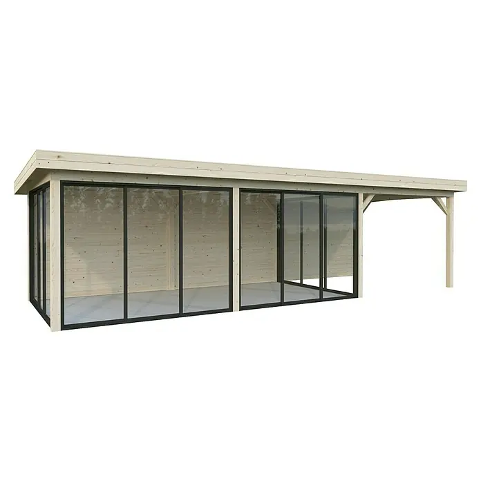 Palmako Caseta de jardín Lenna Set 718 Slide Plus - Medidas ext. (An x Pr): 916 x 340 cm, Madera, Natural - La imagen muestra una caseta de jardín de madera con grandes fachadas de ventanas, que permite la entrada de luz natural y ofrece una estética moderna.