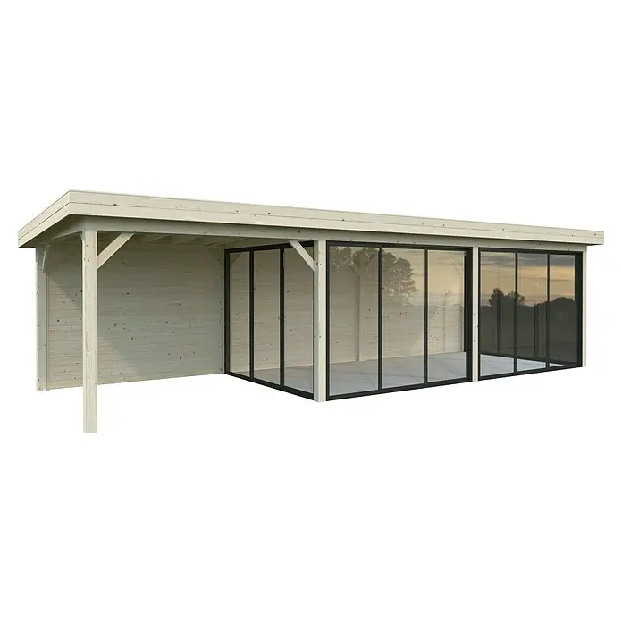 Palmako Caseta de jardín Lenna Set 718 Slide Plus - Medidas ext. (An x Pr): 916 x 340 cm, Madera, Natural - Pérgola de madera moderna con paredes correderas de vidrio, creando un espacio exterior elegante y resistente a la intemperie. Ideal para jardines y terrazas.