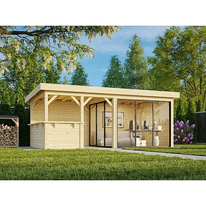 Palmako Caseta de jardín Lenna Set 707 Slide Plus - Medidas ext. (An x Pr): 628 x 340 cm, Madera, Natural - Elegante pabellón de jardín de madera con frente de vidrio y bar integrado para momentos de relax al aire libre. Ideal como oficina, refugio o para celebraciones.