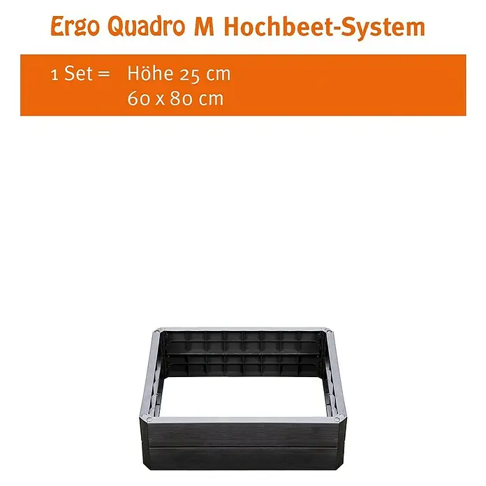 Garantia Hochbeet Ergo Quadro M - 80 x 60 x 25 cm, Kunststoff, Anthrazit, Holzoptik - Das Ergo Quadro M Hochbeet-System ist ein quadratisches, schwarzes Hochbeet mit den Maßen 60x80 cm und einer Höhe von 25 cm.