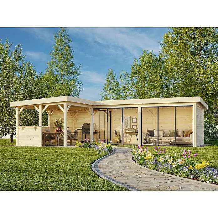 Palmako Caseta de jardín Lenna Set 720 Slide Plus - Medidas ext. (An x Pr): 916 x 628 cm, Madera, Natural - Una luminosa y moderna casa de jardín con porche, con grandes paneles de vidrio y una acogedora zona exterior sobre césped verde.