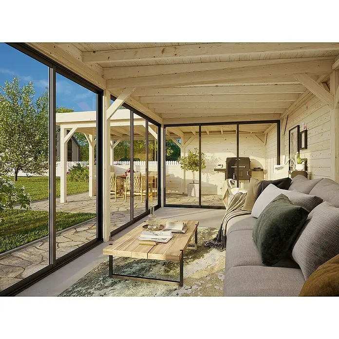 Palmako Caseta de jardín Lenna Set 720 Slide Plus - Medidas ext. (An x Pr): 916 x 628 cm, Madera, Natural - Pabellón espacioso con mucha luz natural gracias a las grandes ventanas, ideal para relajarse al aire libre.