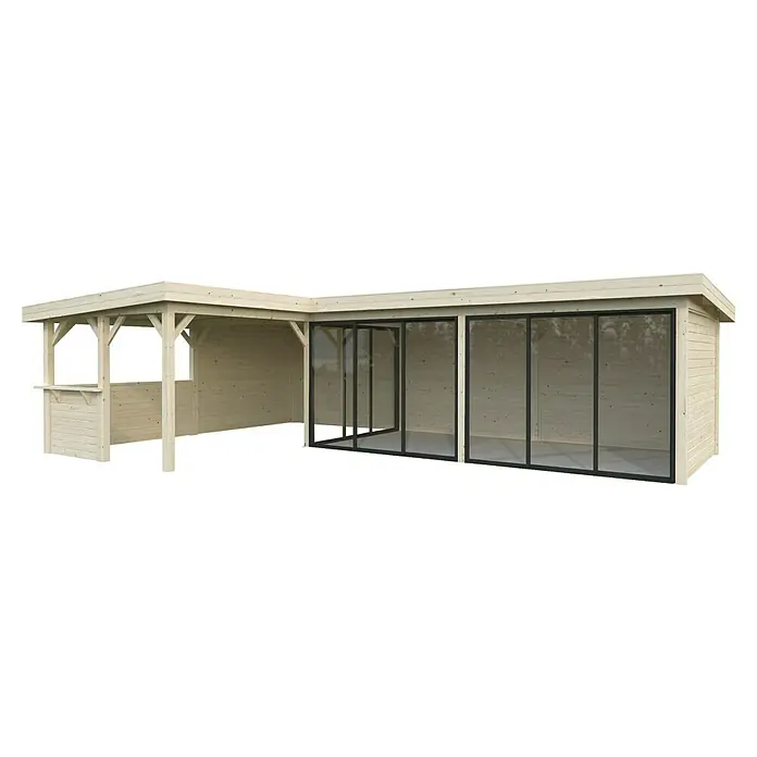 Palmako Caseta de jardín Lenna Set 720 Slide Plus - Medidas ext. (An x Pr): 916 x 628 cm, Madera, Natural - La imagen muestra un moderno salón de jardín con frentes de vidrio y una pequeña zona de bar, ideal para relajarse al aire libre.