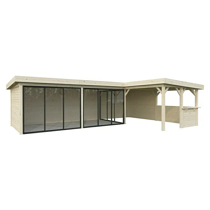 Palmako Caseta de jardín Lenna Set 720 Slide Plus - Medidas ext. (An x Pr): 916 x 628 cm, Madera, Natural - Una caseta de jardín de madera con puertas correderas de vidrio y un área de bar adjunta proporciona un uso versátil al aire libre.
