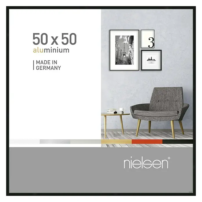 Nielsen Alurahmen Pixel - 50 x 50 cm, Schwarz - Das Bild zeigt einen Nielsen Aluminium Bilderrahmen 50x50 cm. Der Rahmen ist schwarz und präsentiert moderne Kunstwerke in einem stilvollen Ambiente.