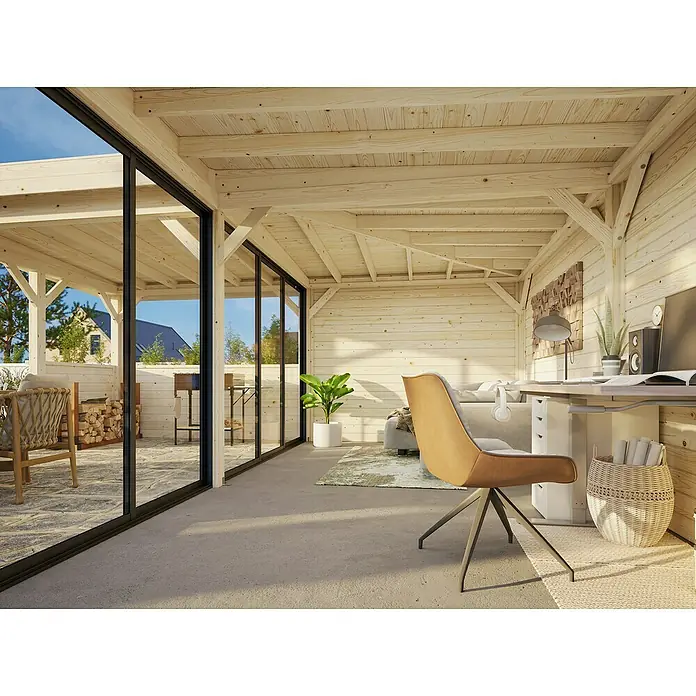 Palmako Caseta de jardín Lenna Set 723 Slide Plus - Medidas ext. (An x Pr): 628 x 628 cm, Madera, Natural - Cabaña de madera luminosa con fachada de cristal y zona de trabajo. La silla de oficina llama la atención y ofrece comodidad en el escritorio.