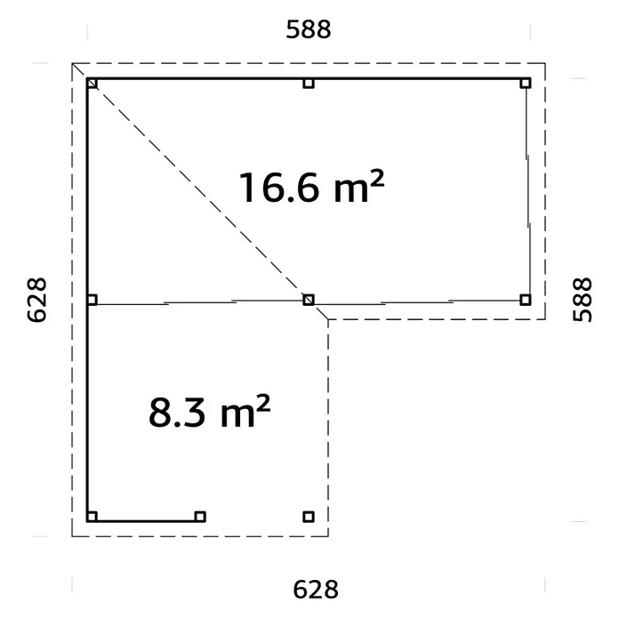 Palmako Caseta de jardín Lenna Set 723 Slide Plus - Medidas ext. (An x Pr): 628 x 628 cm, Madera, Natural - Plano de planta de un edificio en forma de L que incluye área y dimensiones en milímetros.