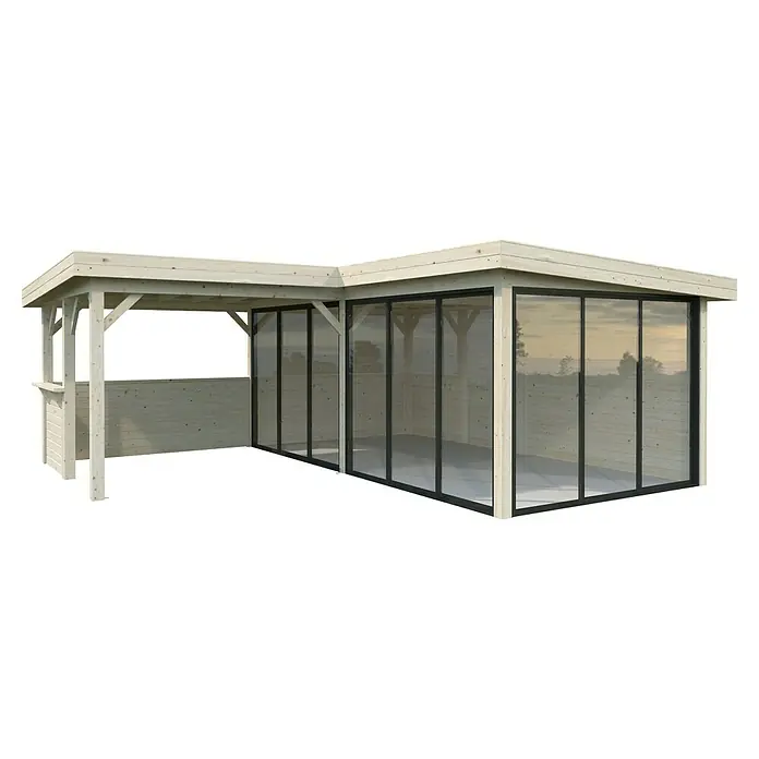 Palmako Caseta de jardín Lenna Set 723 Slide Plus - Medidas ext. (An x Pr): 628 x 628 cm, Madera, Natural - Imagen de un moderno pabellón de madera con acristalamiento, ideal para el jardín o la terraza. El pabellón ofrece protección y llama la atención.