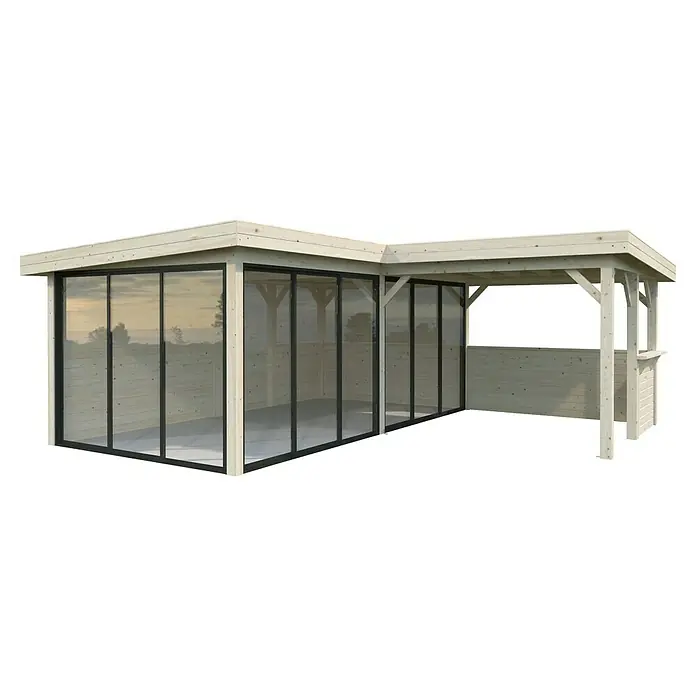 Palmako Caseta de jardín Lenna Set 723 Slide Plus - Medidas ext. (An x Pr): 628 x 628 cm, Madera, Natural - La imagen muestra una moderna caseta de jardín de madera clara con grandes ventanales y una pequeña zona de bar cubierta.