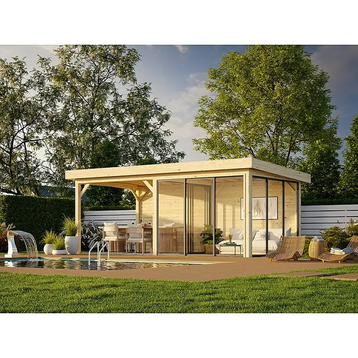 Palmako Caseta de jardín Lenna Set 406 Slide - Medidas ext. (An x Pr): 628 x 340 cm, Madera, Natural - Exclusiva zona de estar en el jardín con vistas a la piscina. La construcción de madera moderna ofrece comodidad y estilo para horas de relax al aire libre.