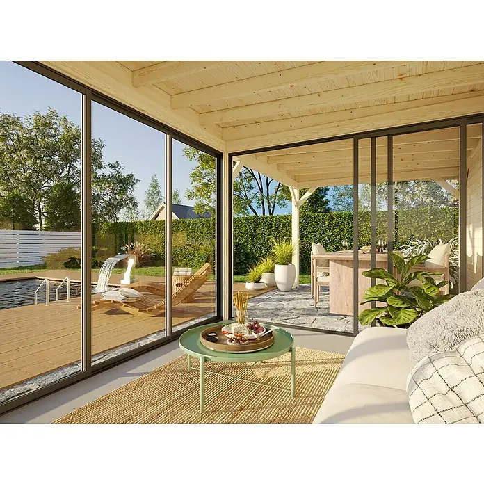 Palmako Caseta de jardín Lenna Set 406 Slide - Medidas ext. (An x Pr): 628 x 340 cm, Madera, Natural - Interior luminoso con grandes puertas correderas de vidrio, integrando a la perfección el espacio interior y exterior, ofreciendo amplitud.
