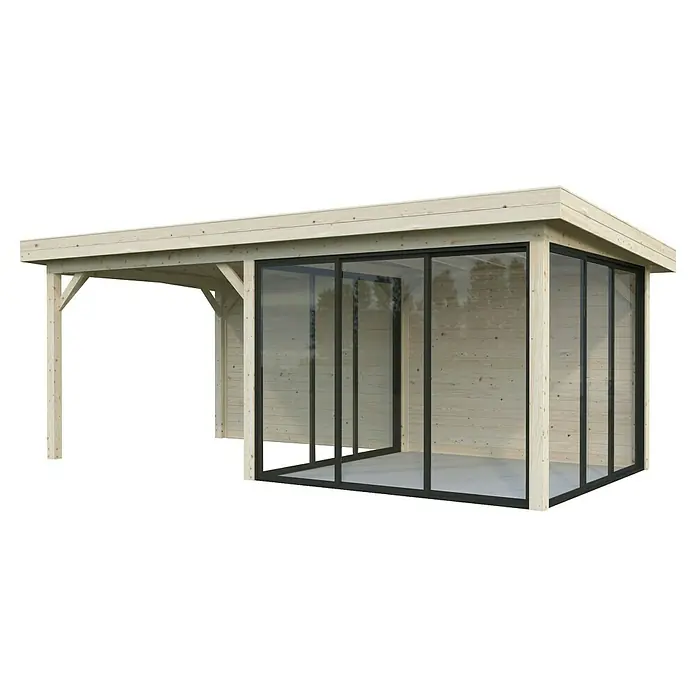 Palmako Caseta de jardín Lenna Set 406 Slide - Medidas ext. (An x Pr): 628 x 340 cm, Madera, Natural - Una casa de jardín moderna con fachada de vidrio y estructura de madera. La casa de jardín ofrece un espacio exterior luminoso y acogedor.